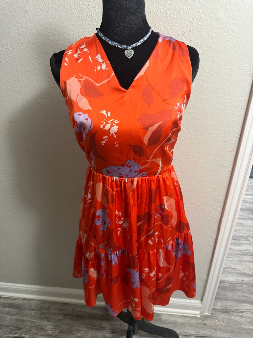 Sleeveless Orange Floral V-Neck Midi Dress